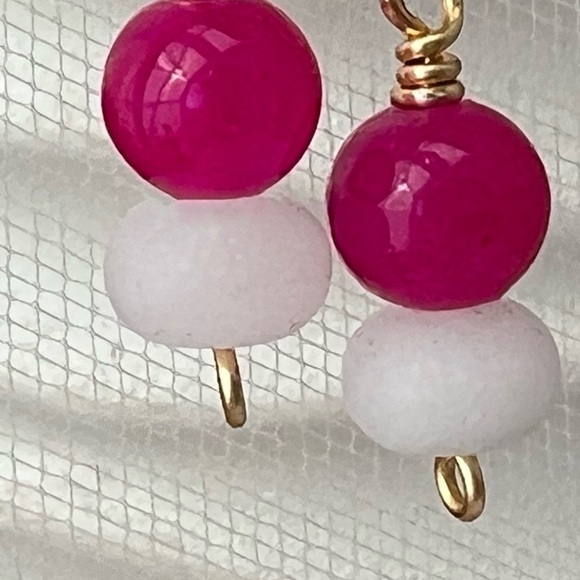Bright Pink White & Gold Beaded Earrings - Picture 2 of 12